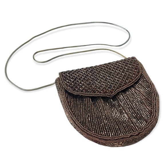 Vintage GENIE Beaded Purse Brown Evening Crossbody Bag HONG KONG HandMade - Picture 1 of 6
